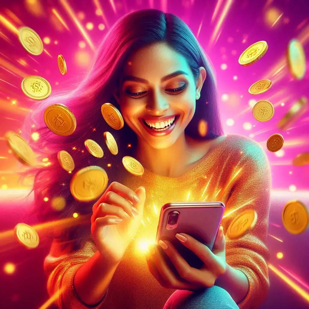 Woman Using Phone With Coins